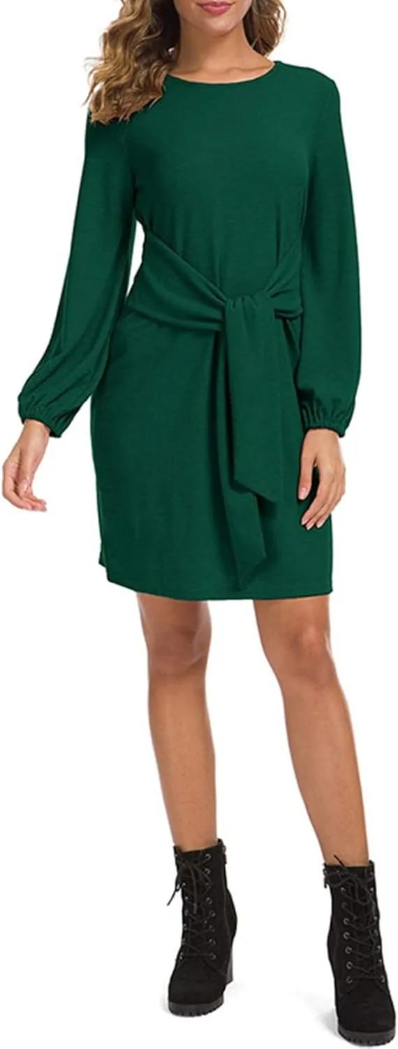 tuduoms Women's Loose Tunic Dress Casual Front Tie Long Puff Sleeve Crew Neck Solid Bandage Elegant Party Shift Dresses