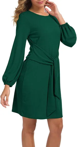 tuduoms Women's Loose Tunic Dress Casual Front Tie Long Puff Sleeve Crew Neck Solid Bandage Elegant Party Shift Dresses