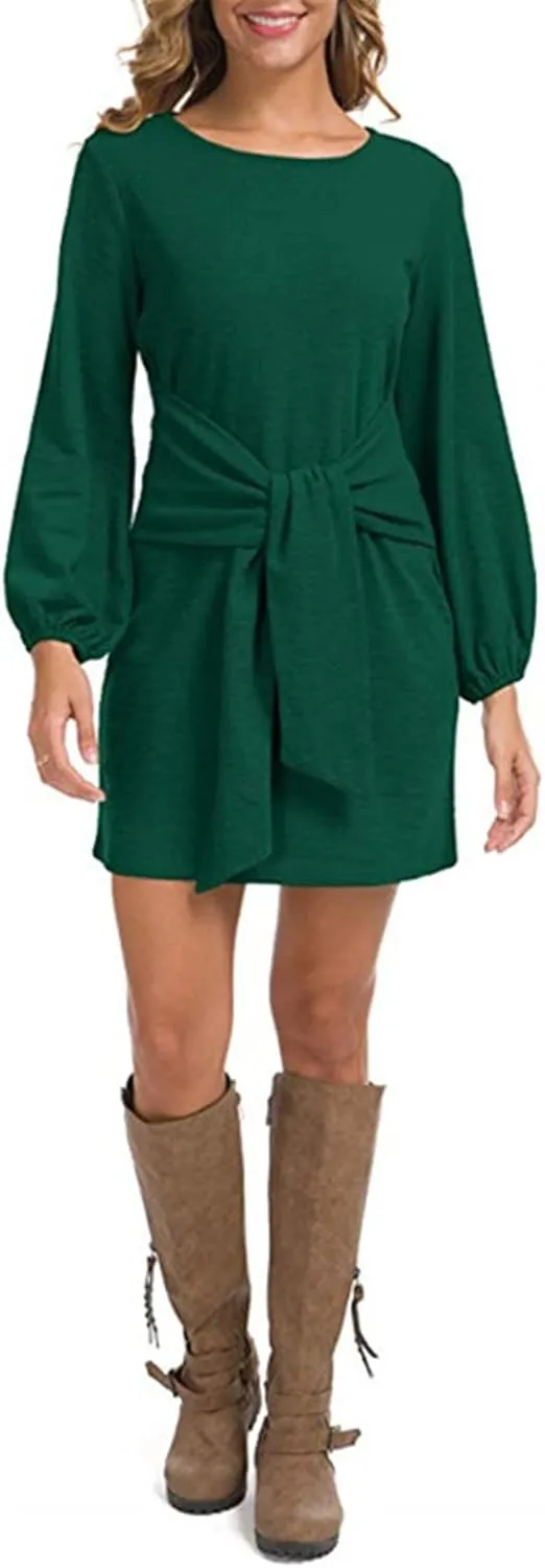 tuduoms Women's Loose Tunic Dress Casual Front Tie Long Puff Sleeve Crew Neck Solid Bandage Elegant Party Shift Dresses