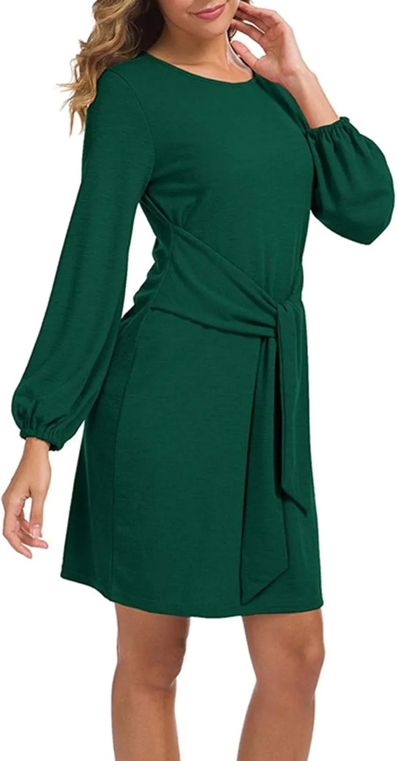 tuduoms Women's Loose Tunic Dress Casual Front Tie Long Puff Sleeve Crew Neck Solid Bandage Elegant Party Shift Dresses
