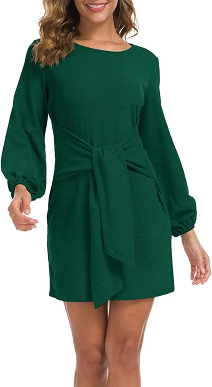 tuduoms Women's Loose Tunic Dress Casual Front Tie Long Puff Sleeve Crew Neck Solid Bandage Elegant Party Shift Dresses