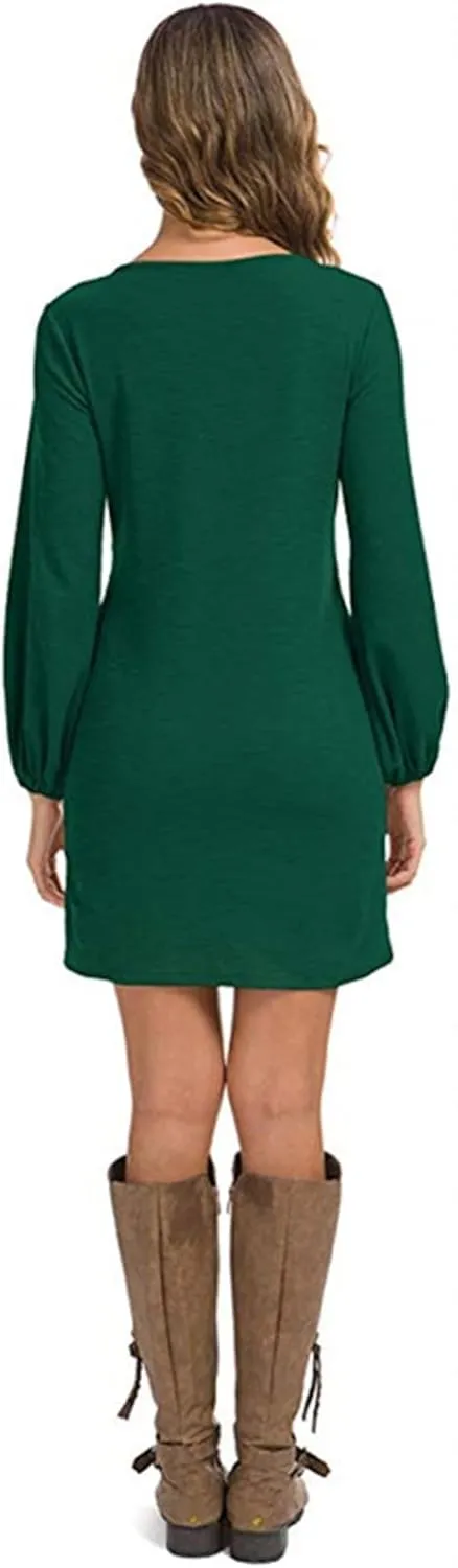 tuduoms Women's Loose Tunic Dress Casual Front Tie Long Puff Sleeve Crew Neck Solid Bandage Elegant Party Shift Dresses