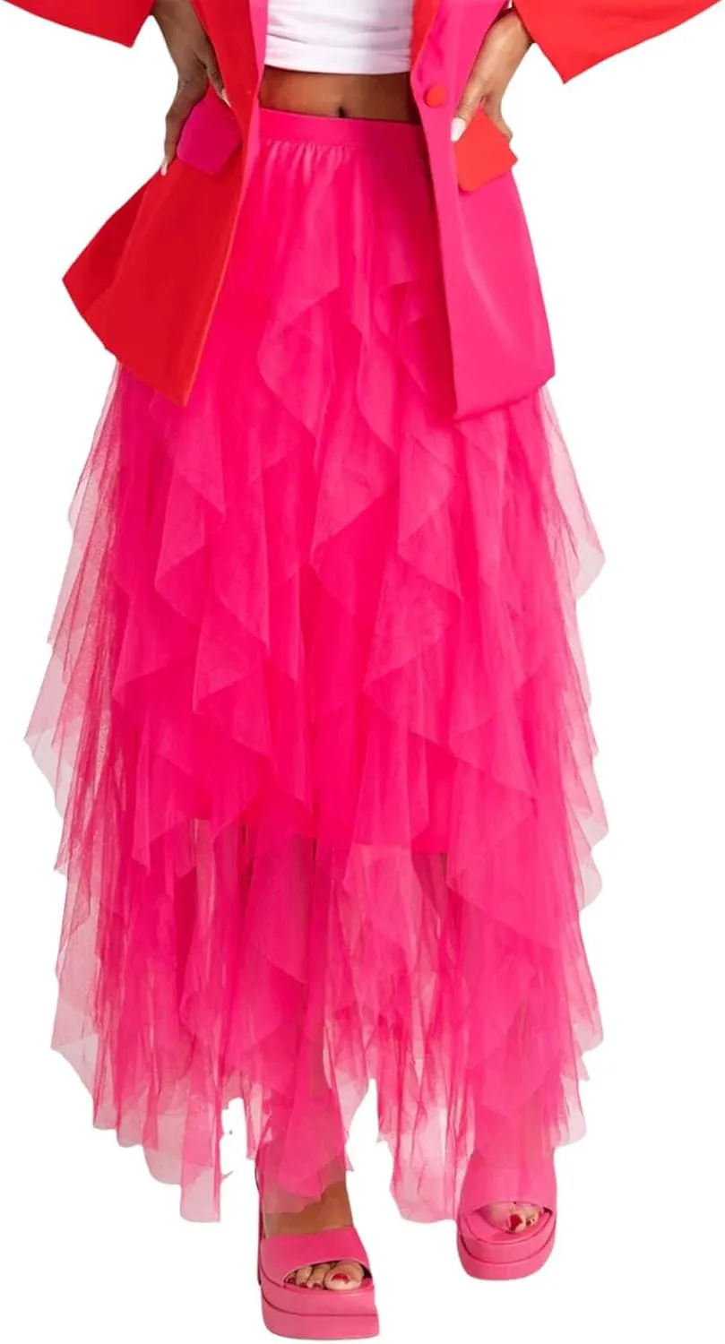Tulle Maxi Skirts for Women 2025 Summer Vacation High Waisted Pleated Tiered Flowy Asymmetrical Long Skirt