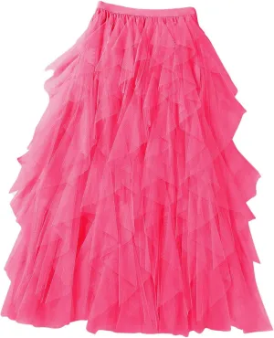 Tulle Maxi Skirts for Women 2025 Summer Vacation High Waisted Pleated Tiered Flowy Asymmetrical Long Skirt