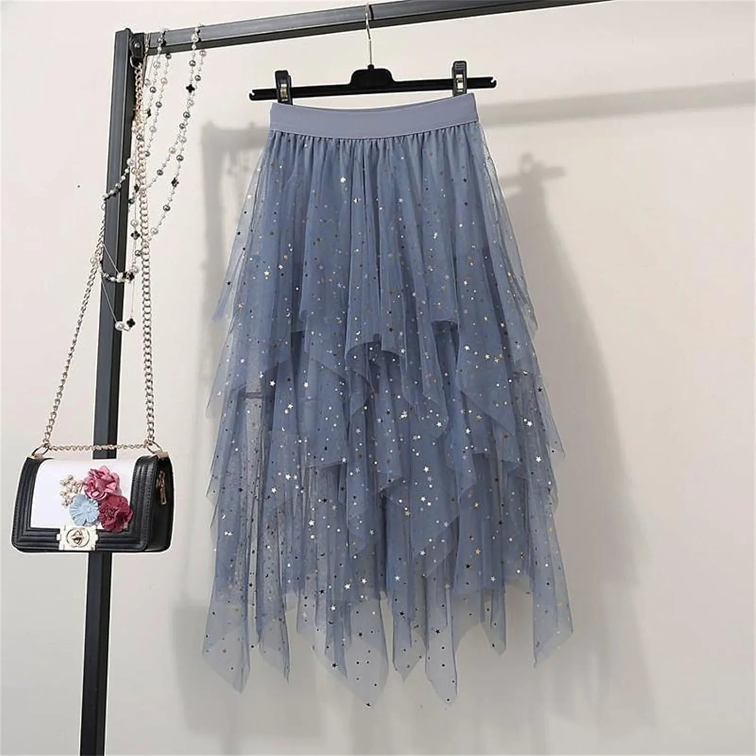 Tulle Midi Skirts for Women 2025 Summer Elastic High Waisted Sequin Asymmetrical Ruffle Tiered Skirt