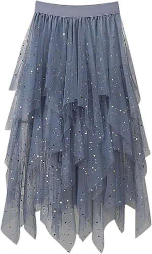 Tulle Midi Skirts for Women 2025 Summer Elastic High Waisted Sequin Asymmetrical Ruffle Tiered Skirt