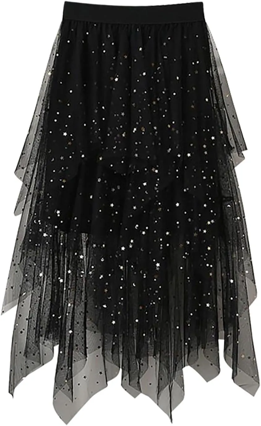 Tulle Midi Skirts for Women 2025 Summer Elastic High Waisted Sequin Asymmetrical Ruffle Tiered Skirt