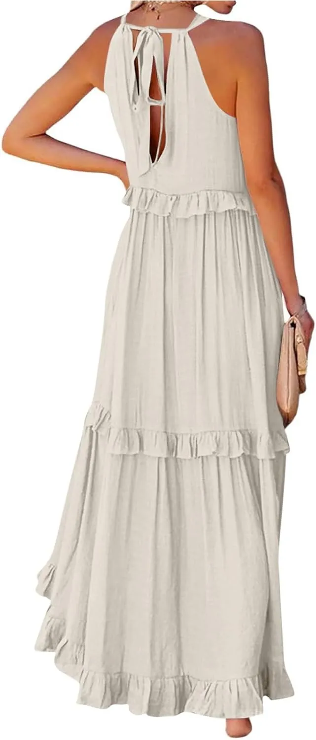 TWGONE Women Summer Casual Sleeveless Pleated Tank Vest Dresses Smocked Ruffle Flowy Party Wedding Guest Sundress