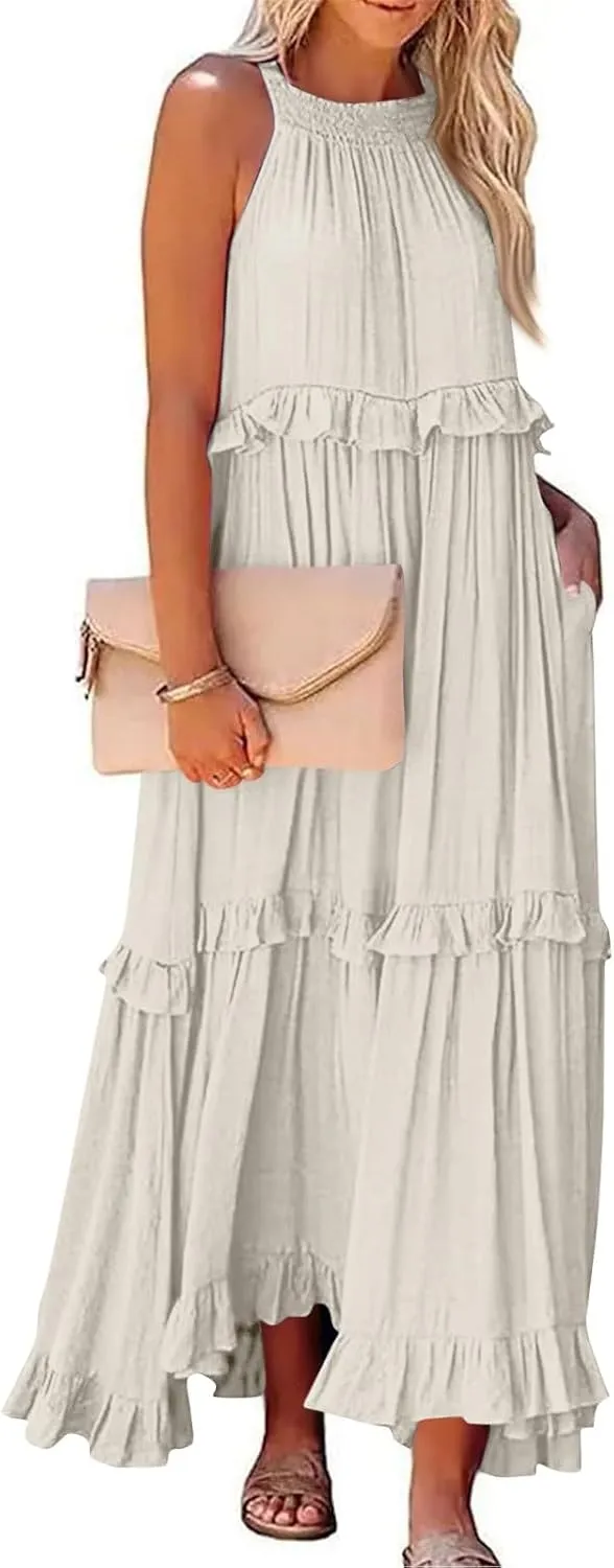 TWGONE Women Summer Casual Sleeveless Pleated Tank Vest Dresses Smocked Ruffle Flowy Party Wedding Guest Sundress