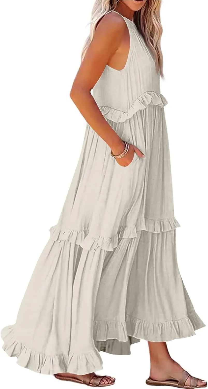 TWGONE Women Summer Casual Sleeveless Pleated Tank Vest Dresses Smocked Ruffle Flowy Party Wedding Guest Sundress
