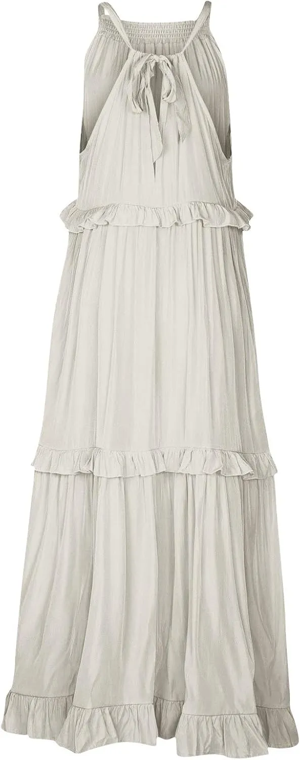 TWGONE Women Summer Casual Sleeveless Pleated Tank Vest Dresses Smocked Ruffle Flowy Party Wedding Guest Sundress
