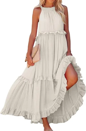 TWGONE Women Summer Casual Sleeveless Pleated Tank Vest Dresses Smocked Ruffle Flowy Party Wedding Guest Sundress
