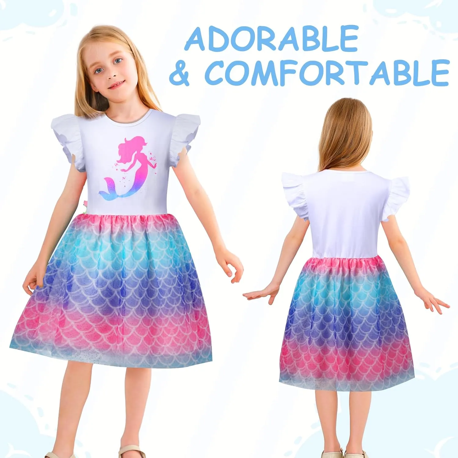 VASCHY Summer Tulle Dress Cotton Ruffle Sleeve Tutu Princess Dress Birthday Outfit Clothes for Toddler/Little/Big Kid Girls