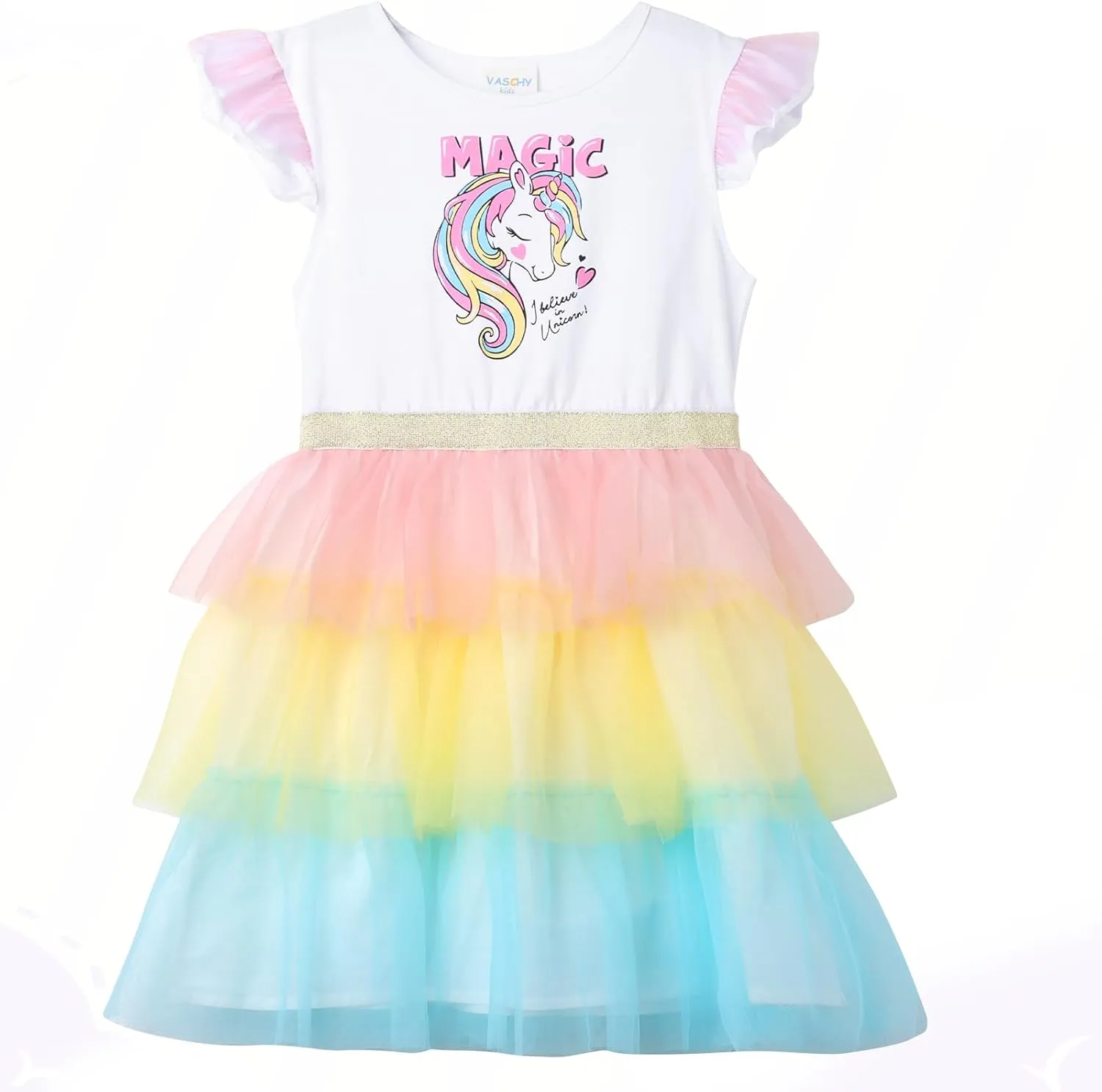 VASCHY Summer Tulle Dress Cotton Ruffle Sleeve Tutu Princess Dress Birthday Outfit Clothes for Toddler/Little/Big Kid Girls