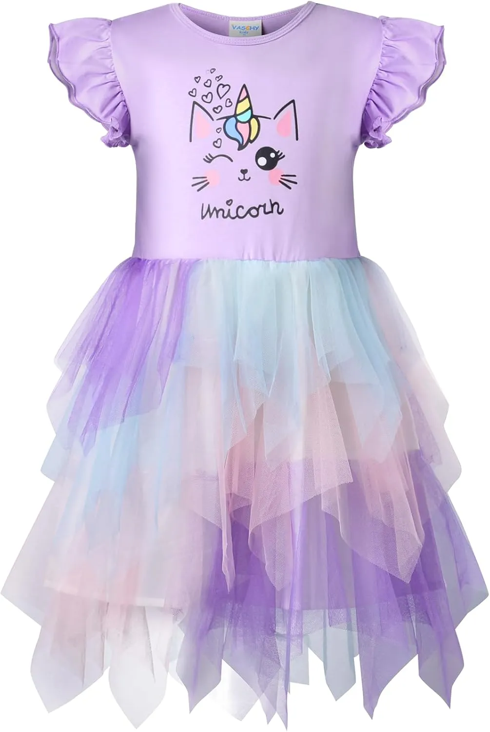 VASCHY Summer Tulle Dress Cotton Ruffle Sleeve Tutu Princess Dress Birthday Outfit Clothes for Toddler/Little/Big Kid Girls
