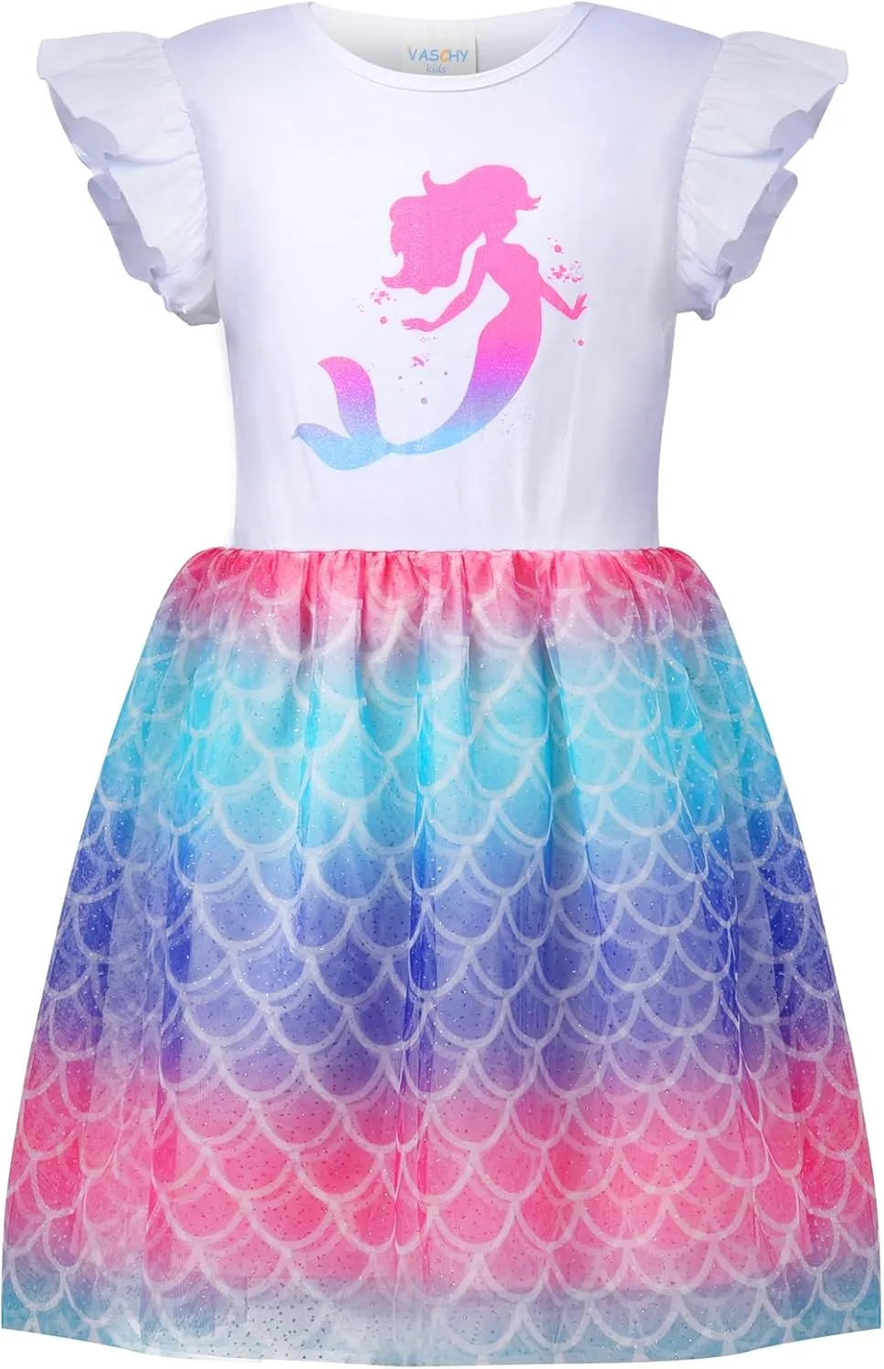 VASCHY Summer Tulle Dress Cotton Ruffle Sleeve Tutu Princess Dress Birthday Outfit Clothes for Toddler/Little/Big Kid Girls