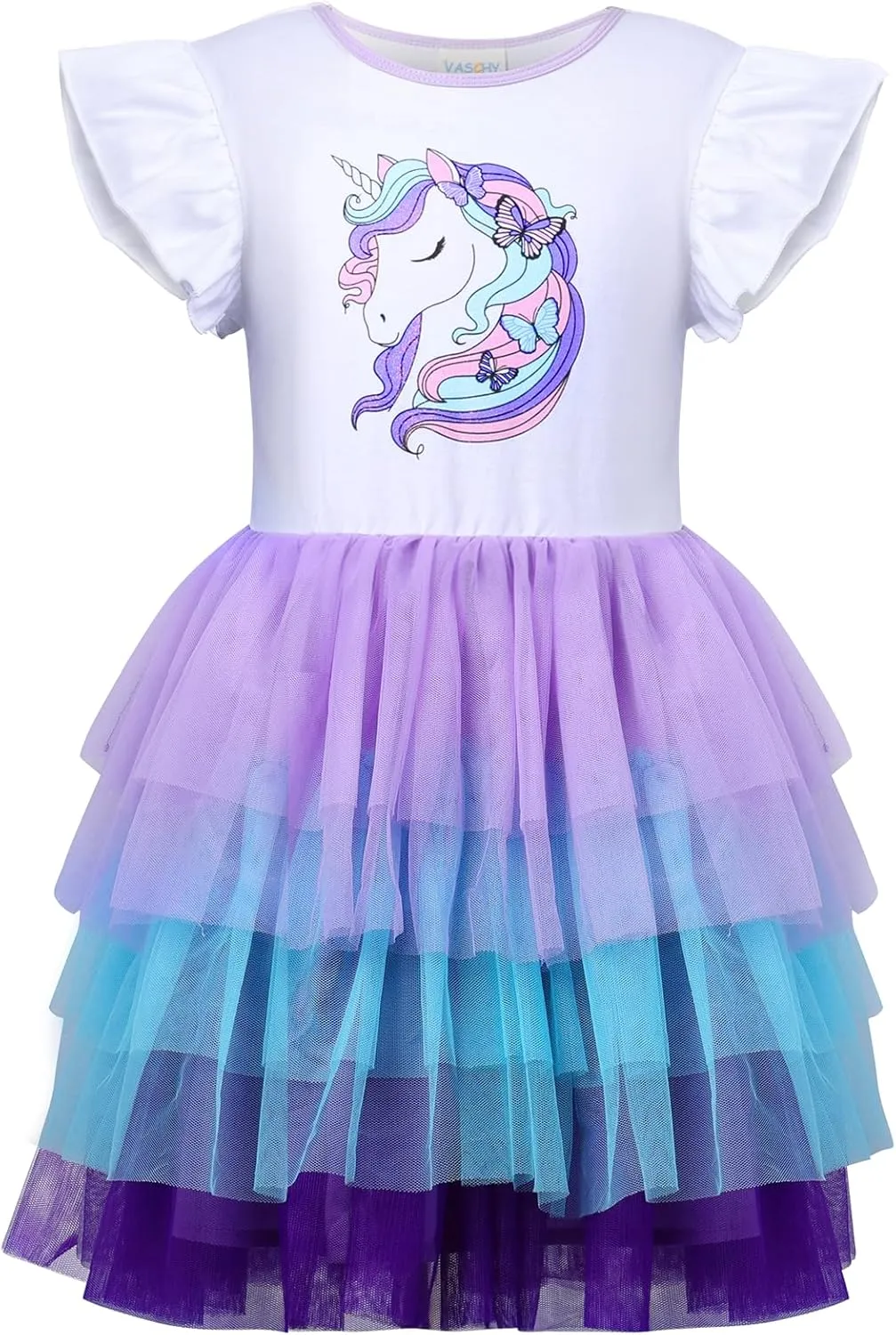 VASCHY Summer Tulle Dress Cotton Ruffle Sleeve Tutu Princess Dress Birthday Outfit Clothes for Toddler/Little/Big Kid Girls