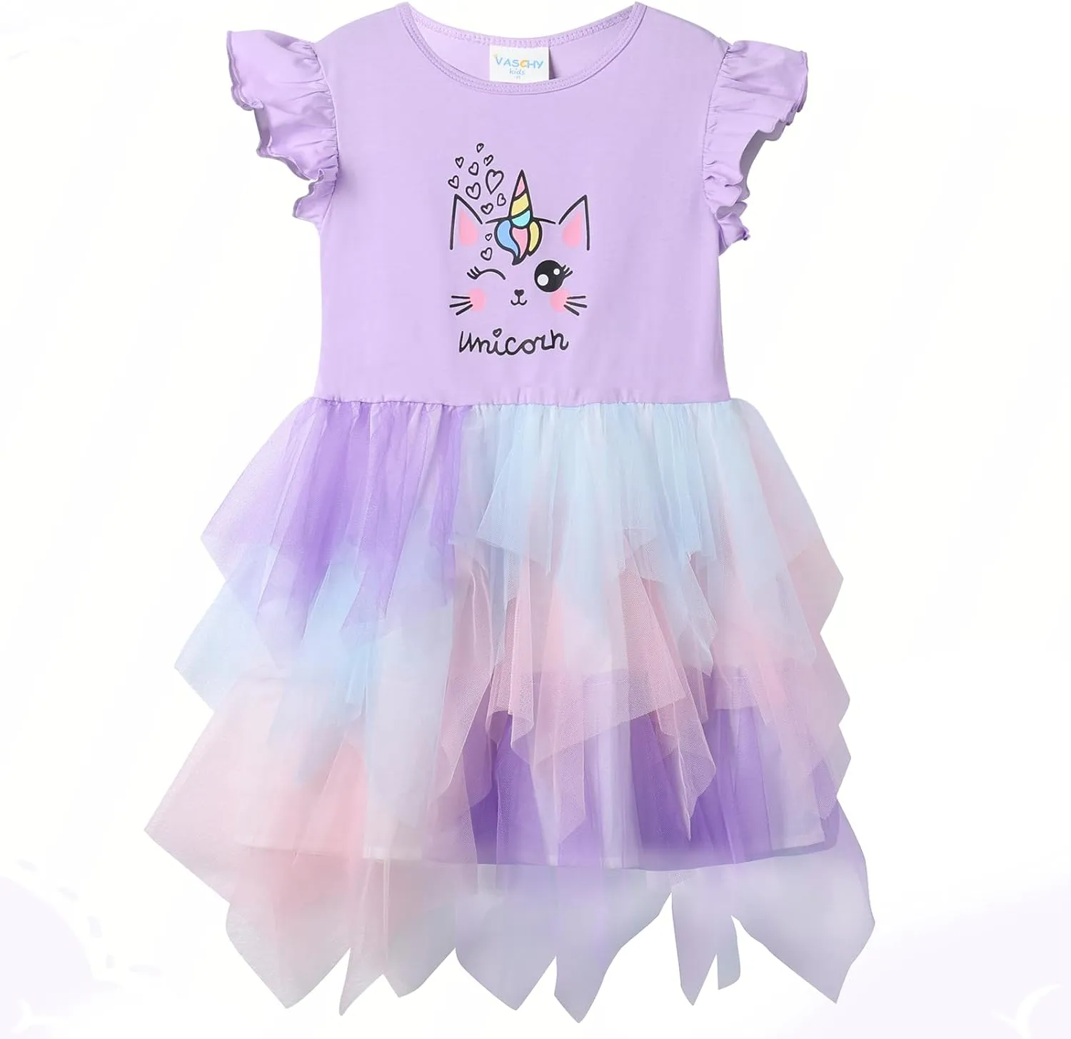 VASCHY Summer Tulle Dress Cotton Ruffle Sleeve Tutu Princess Dress Birthday Outfit Clothes for Toddler/Little/Big Kid Girls