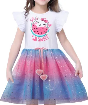 VASCHY Summer Tulle Dress Cotton Ruffle Sleeve Tutu Princess Dress Birthday Outfit Clothes for Toddler/Little/Big Kid Girls