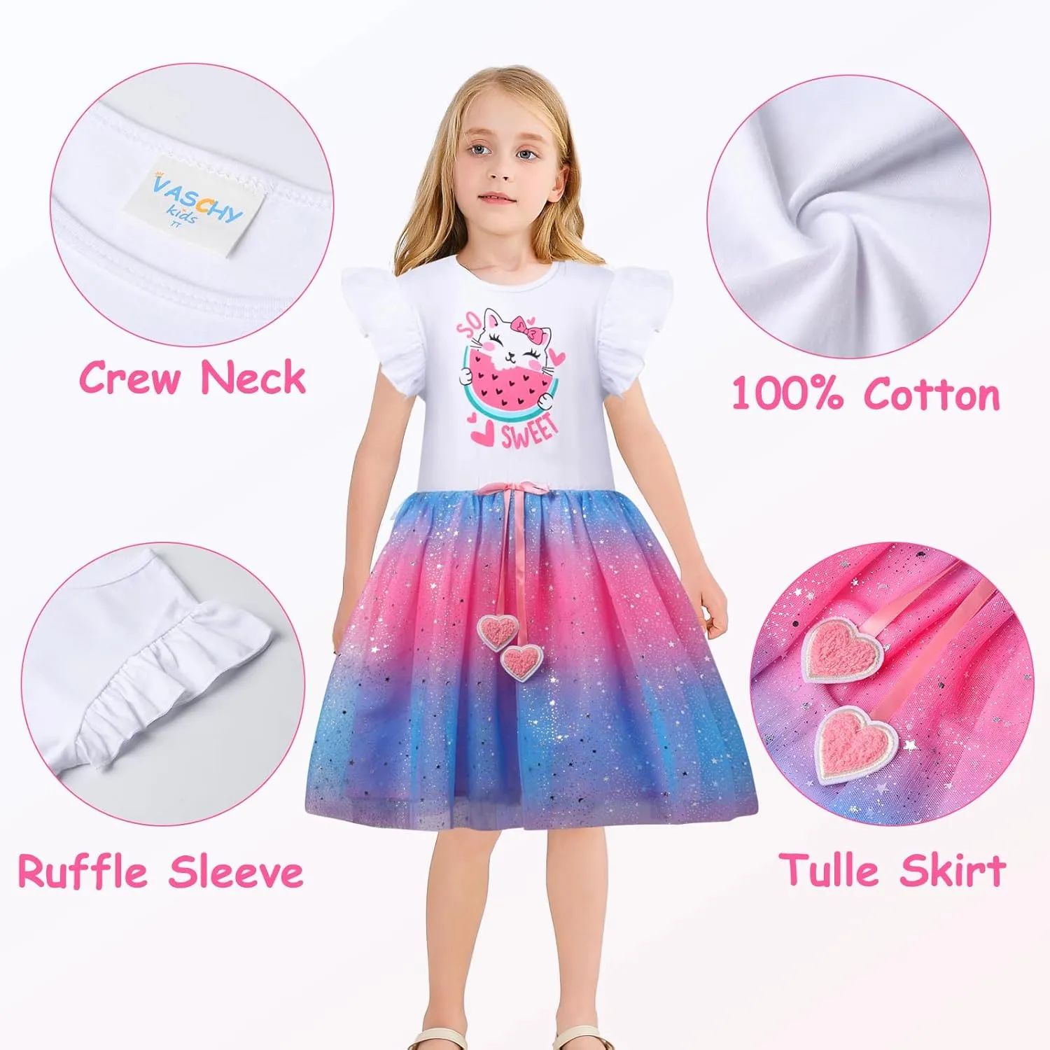 VASCHY Summer Tulle Dress Cotton Ruffle Sleeve Tutu Princess Dress Birthday Outfit Clothes for Toddler/Little/Big Kid Girls