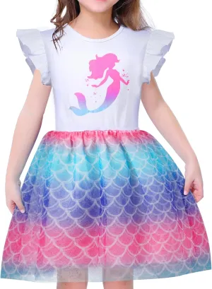 VASCHY Summer Tulle Dress Cotton Ruffle Sleeve Tutu Princess Dress Birthday Outfit Clothes for Toddler/Little/Big Kid Girls