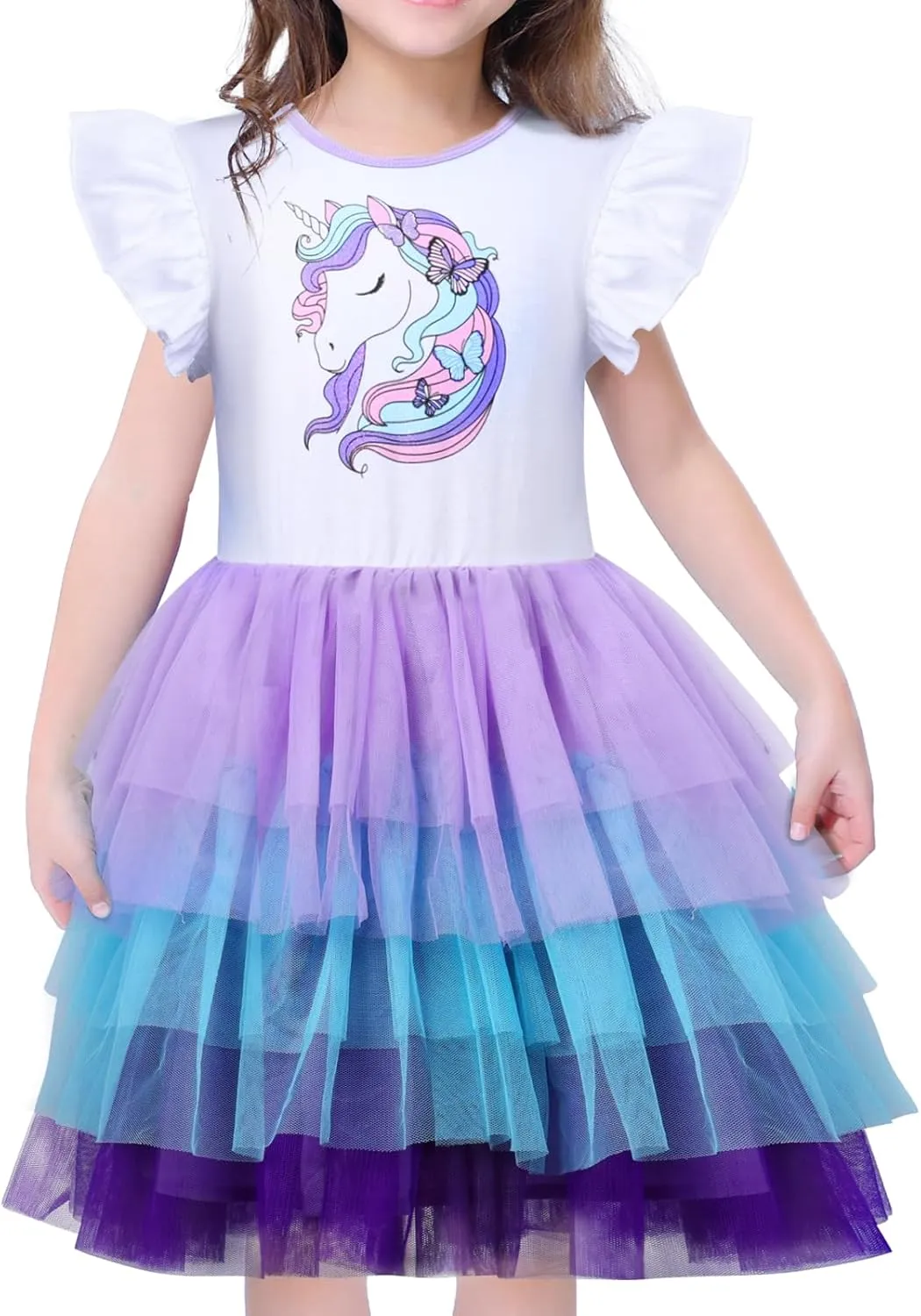 VASCHY Summer Tulle Dress Cotton Ruffle Sleeve Tutu Princess Dress Birthday Outfit Clothes for Toddler/Little/Big Kid Girls