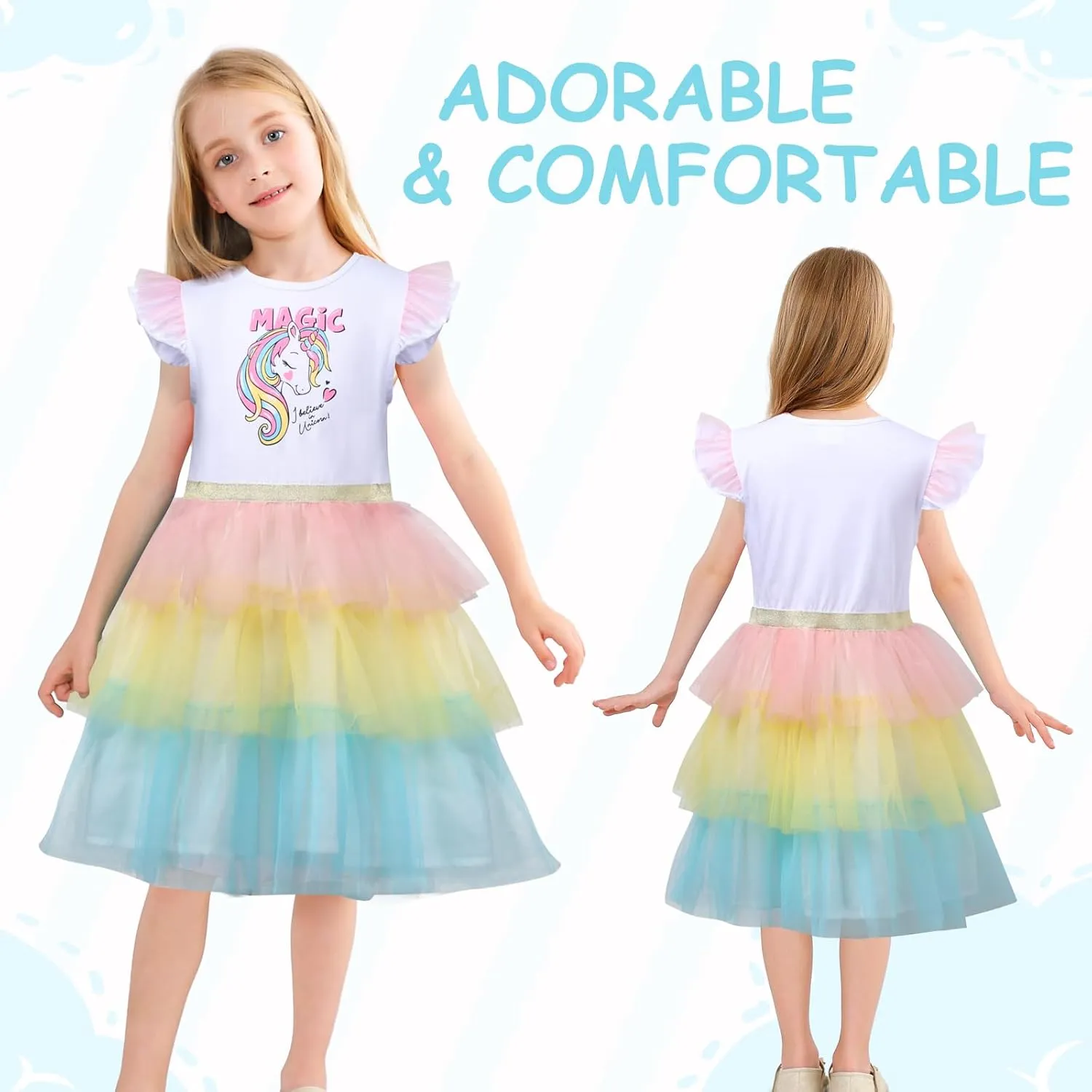 VASCHY Summer Tulle Dress Cotton Ruffle Sleeve Tutu Princess Dress Birthday Outfit Clothes for Toddler/Little/Big Kid Girls