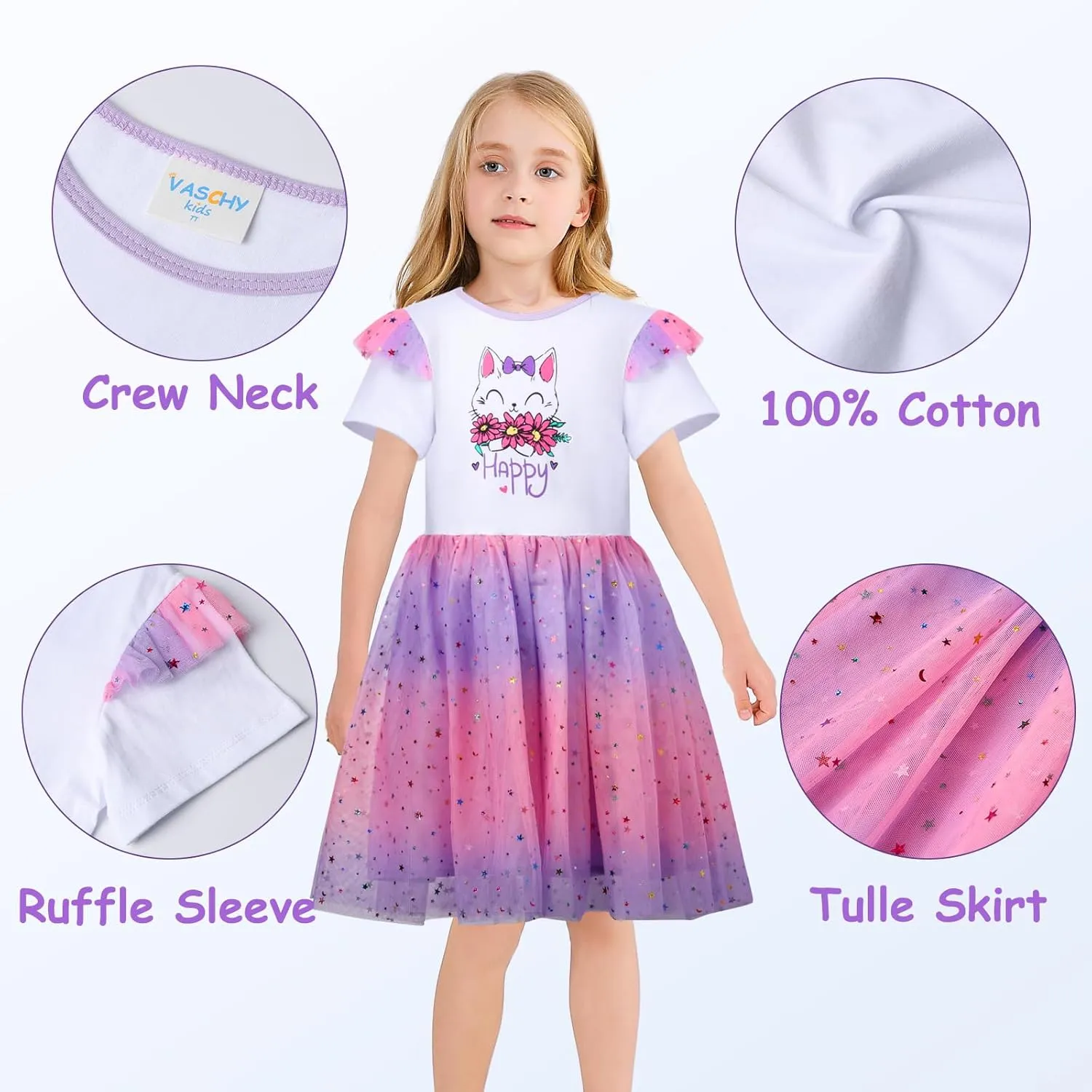 VASCHY Summer Tulle Dress Cotton Ruffle Sleeve Tutu Princess Dress Birthday Outfit Clothes for Toddler/Little/Big Kid Girls