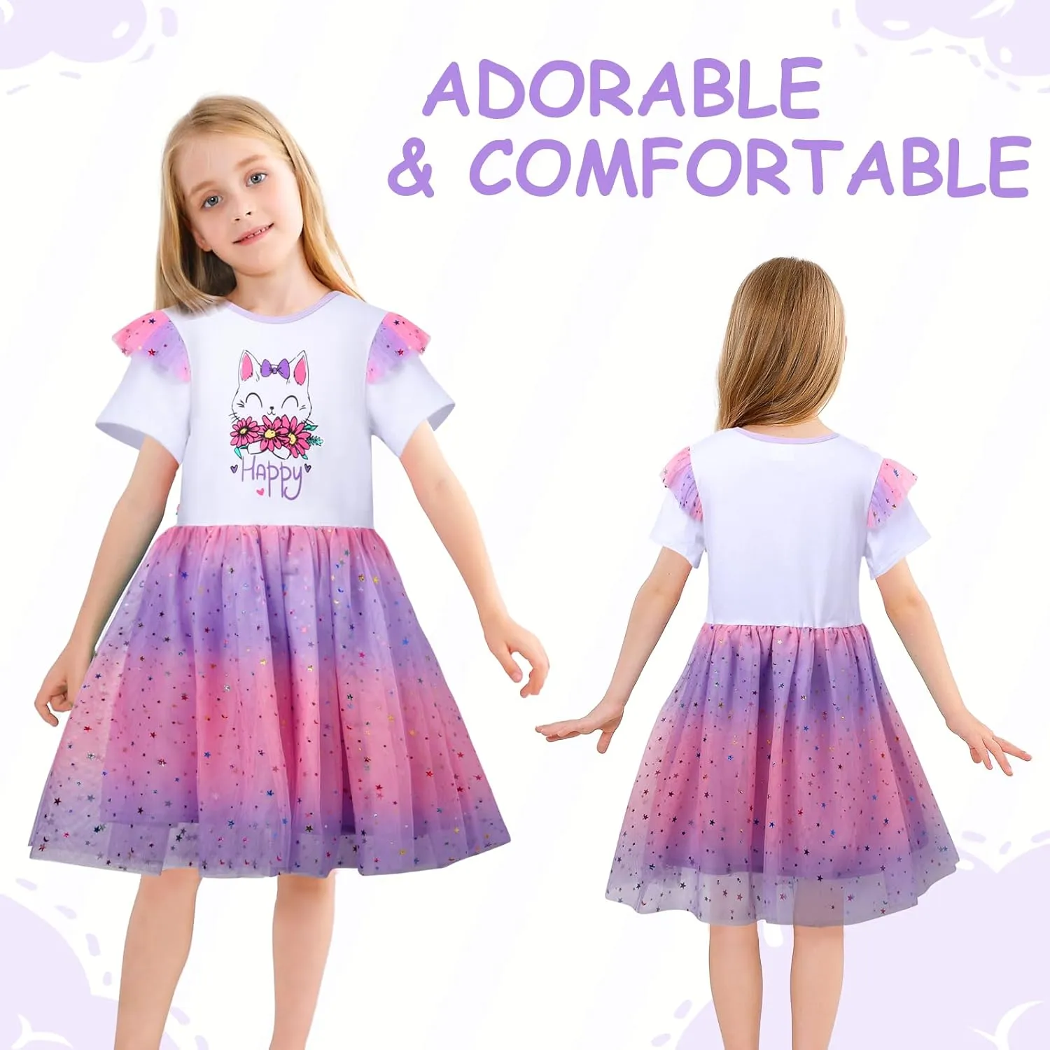 VASCHY Summer Tulle Dress Cotton Ruffle Sleeve Tutu Princess Dress Birthday Outfit Clothes for Toddler/Little/Big Kid Girls