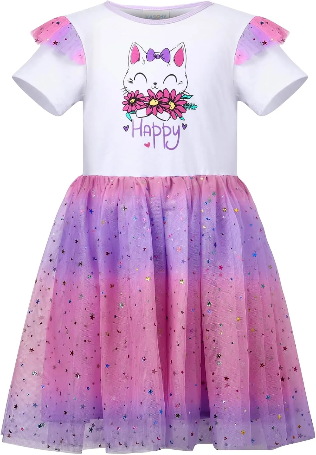 VASCHY Summer Tulle Dress Cotton Ruffle Sleeve Tutu Princess Dress Birthday Outfit Clothes for Toddler/Little/Big Kid Girls