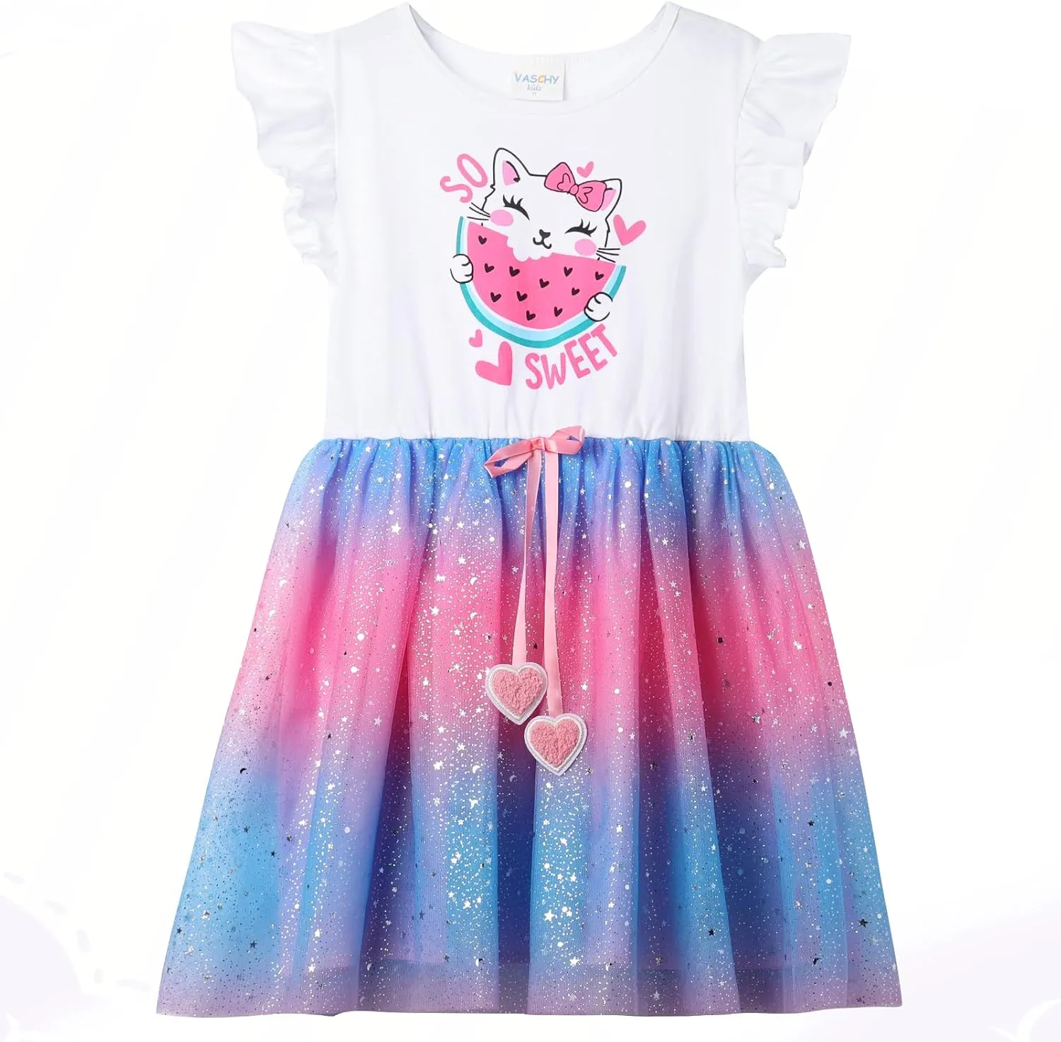 VASCHY Summer Tulle Dress Cotton Ruffle Sleeve Tutu Princess Dress Birthday Outfit Clothes for Toddler/Little/Big Kid Girls