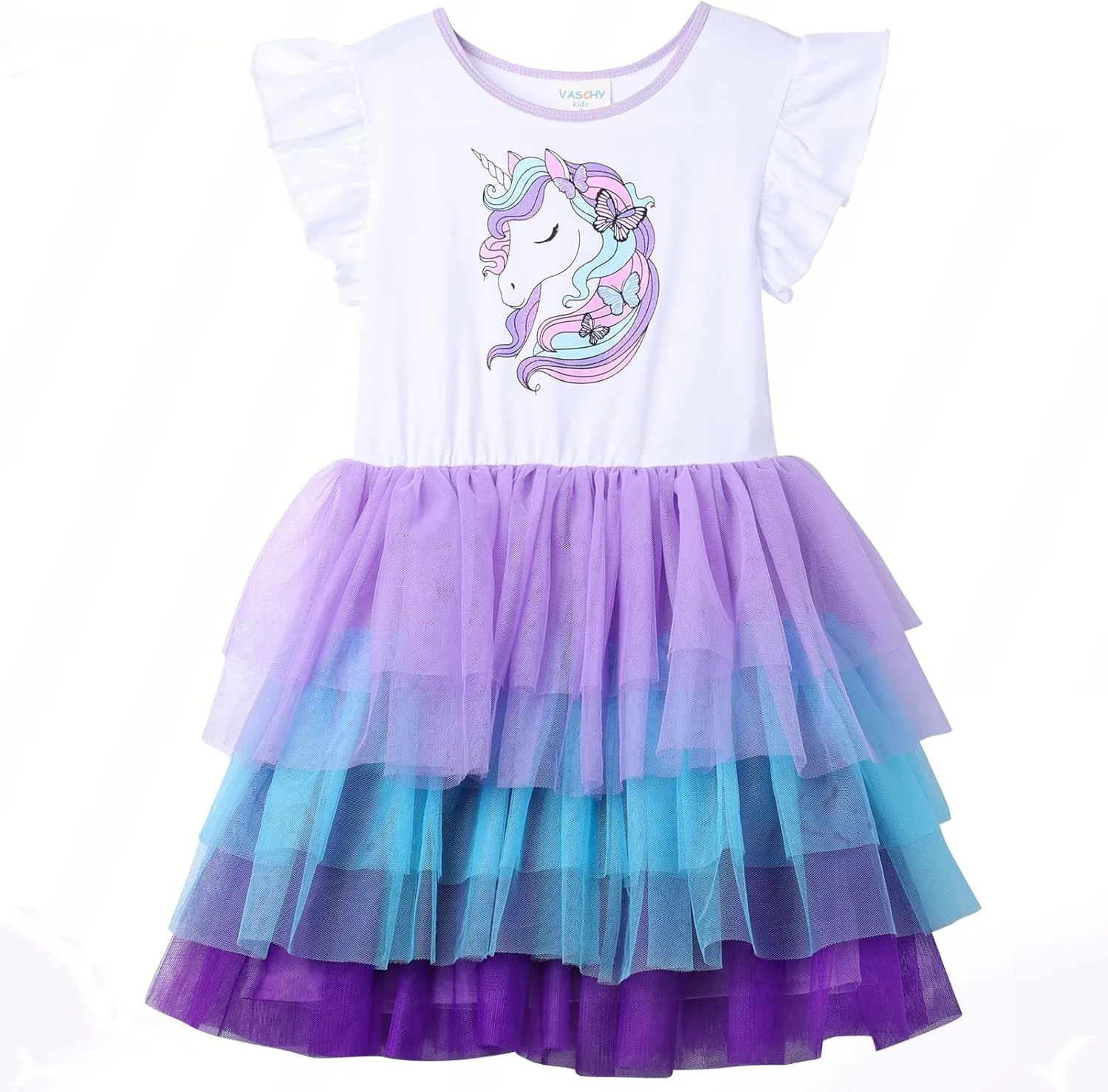 VASCHY Summer Tulle Dress Cotton Ruffle Sleeve Tutu Princess Dress Birthday Outfit Clothes for Toddler/Little/Big Kid Girls