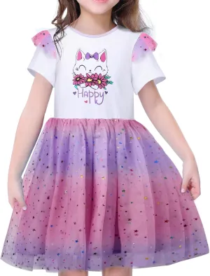 VASCHY Summer Tulle Dress Cotton Ruffle Sleeve Tutu Princess Dress Birthday Outfit Clothes for Toddler/Little/Big Kid Girls