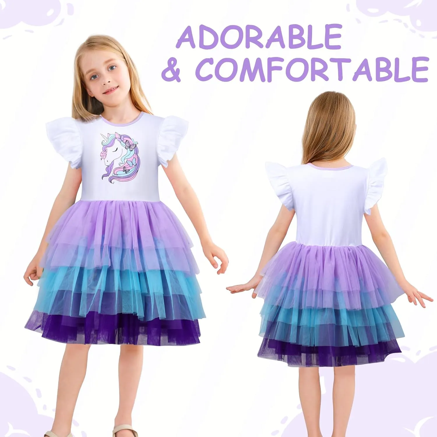 VASCHY Summer Tulle Dress Cotton Ruffle Sleeve Tutu Princess Dress Birthday Outfit Clothes for Toddler/Little/Big Kid Girls