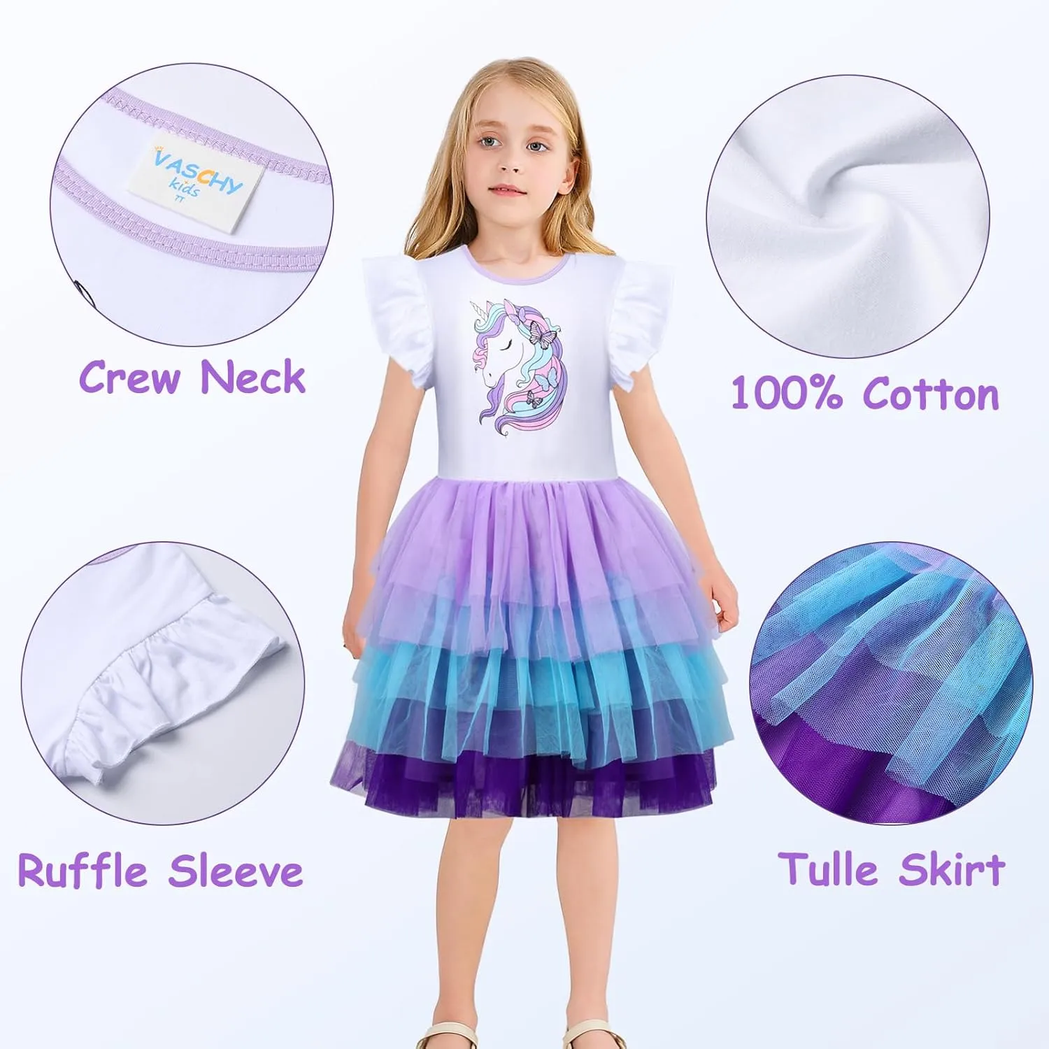 VASCHY Summer Tulle Dress Cotton Ruffle Sleeve Tutu Princess Dress Birthday Outfit Clothes for Toddler/Little/Big Kid Girls