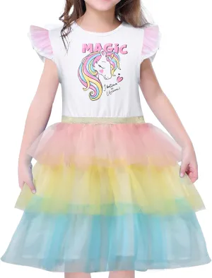 VASCHY Summer Tulle Dress Cotton Ruffle Sleeve Tutu Princess Dress Birthday Outfit Clothes for Toddler/Little/Big Kid Girls
