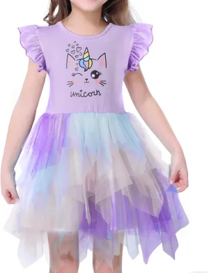 VASCHY Summer Tulle Dress Cotton Ruffle Sleeve Tutu Princess Dress Birthday Outfit Clothes for Toddler/Little/Big Kid Girls