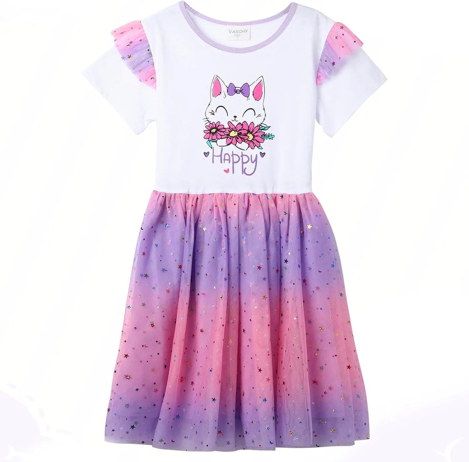 VASCHY Summer Tulle Dress Cotton Ruffle Sleeve Tutu Princess Dress Birthday Outfit Clothes for Toddler/Little/Big Kid Girls