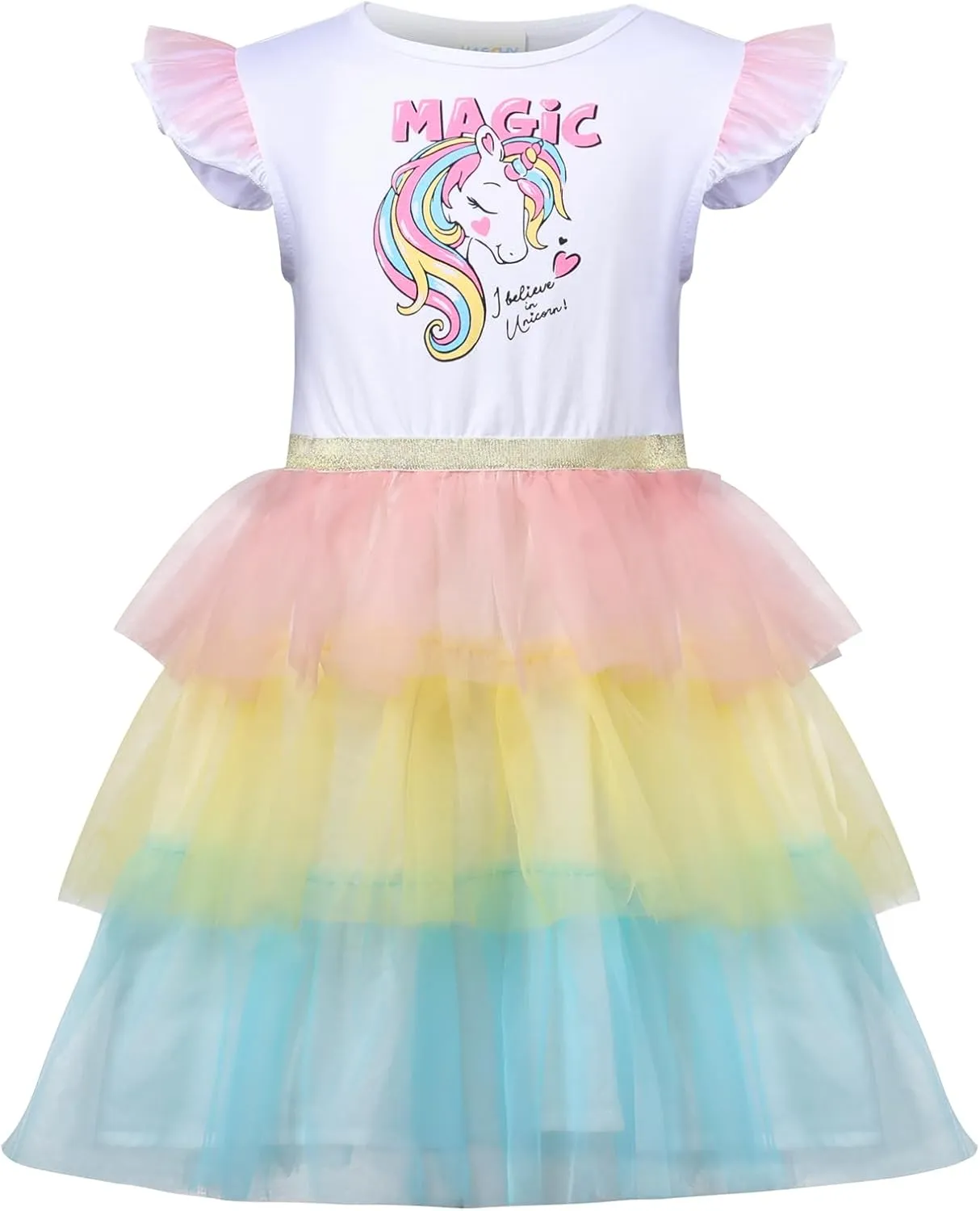 VASCHY Summer Tulle Dress Cotton Ruffle Sleeve Tutu Princess Dress Birthday Outfit Clothes for Toddler/Little/Big Kid Girls
