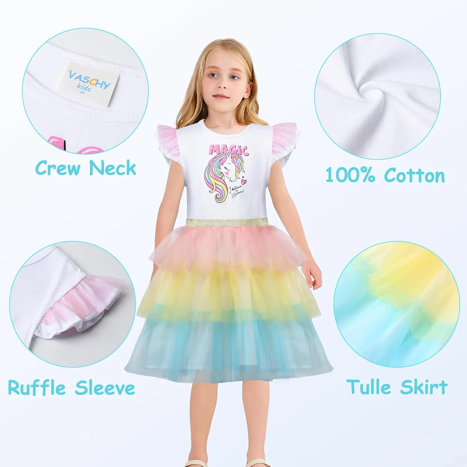 VASCHY Summer Tulle Dress Cotton Ruffle Sleeve Tutu Princess Dress Birthday Outfit Clothes for Toddler/Little/Big Kid Girls