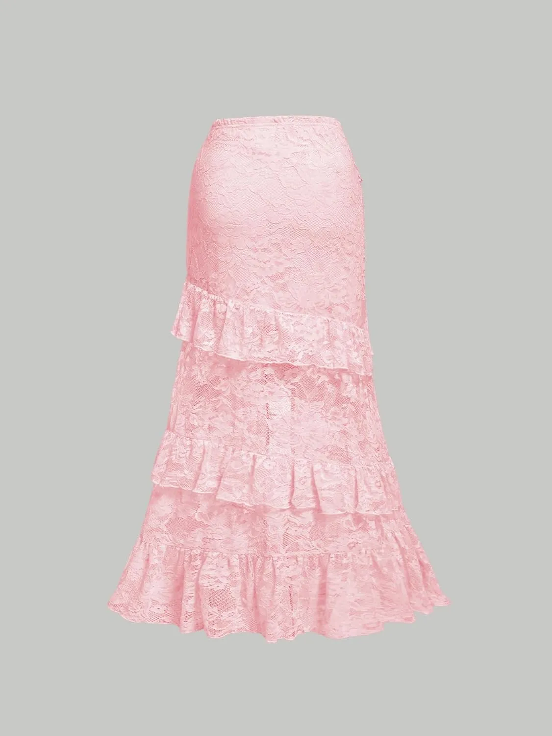 Verdusa Women's Lace Long Skirts High Waist Layered Ruffle Hem A Line Skirt
