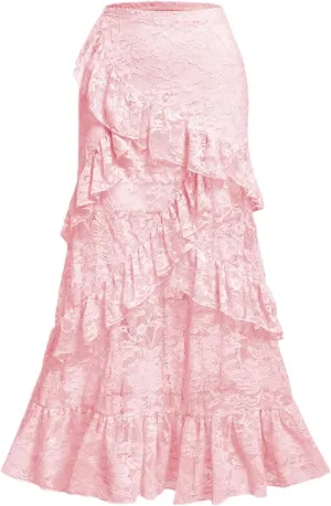 Verdusa Women's Lace Long Skirts High Waist Layered Ruffle Hem A Line Skirt
