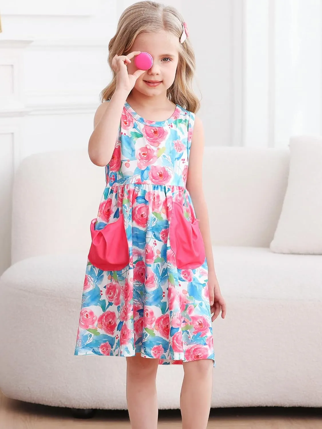 Vieille Little Girls Sleeveless Dress Cute Summer Sundress with Pocket 2-7 Years