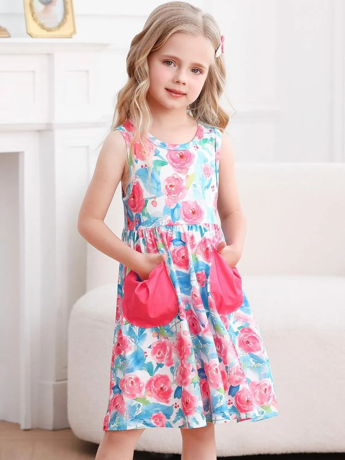 Vieille Little Girls Sleeveless Dress Cute Summer Sundress with Pocket 2-7 Years