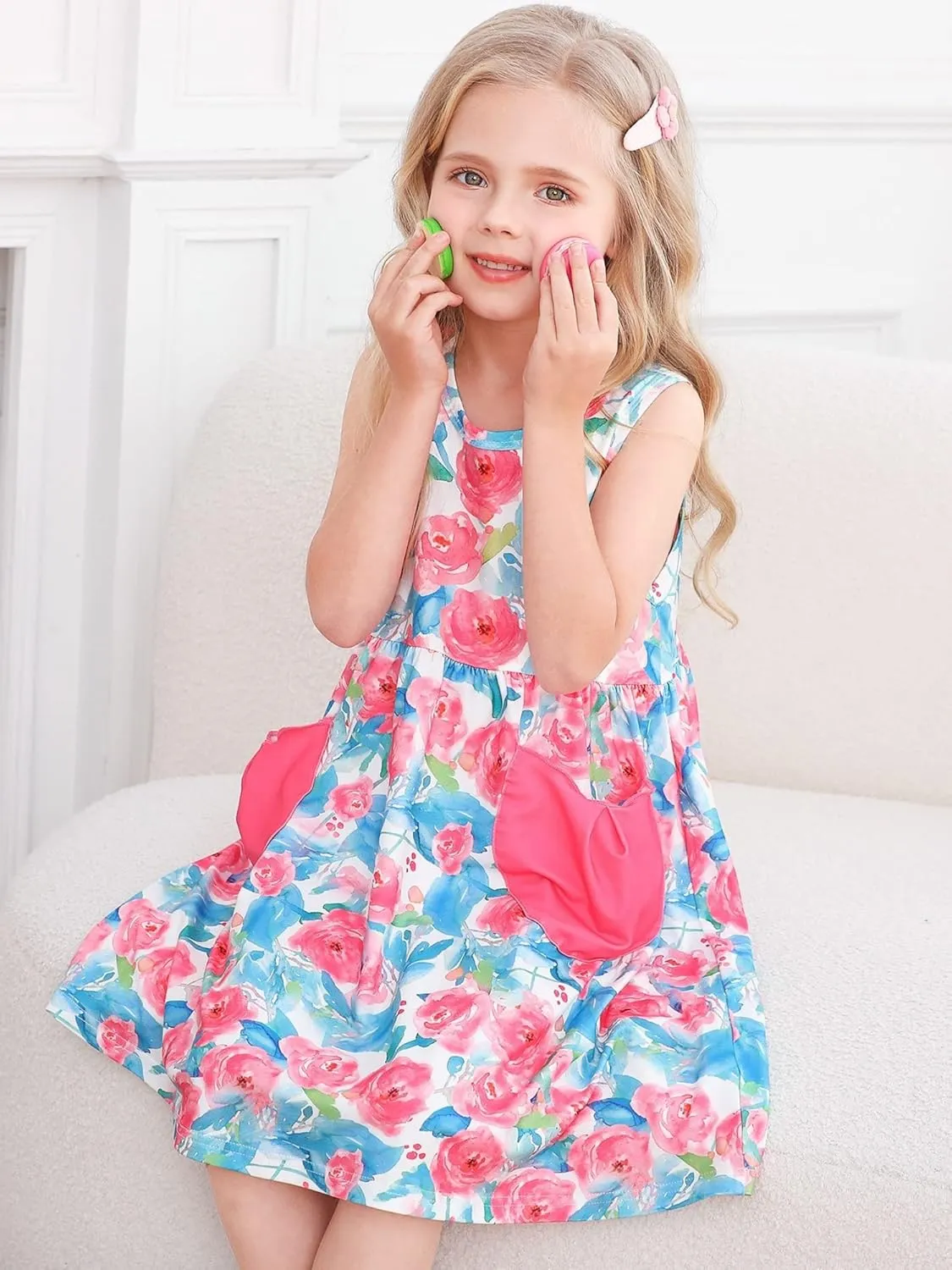 Vieille Little Girls Sleeveless Dress Cute Summer Sundress with Pocket 2-7 Years