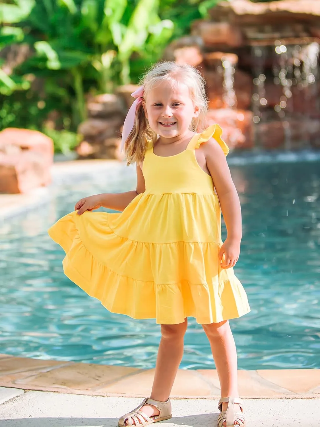 Vieille Toddler Girls Summer Dress Ruffle Sleeveless Casual Beach Sundress Tiered Swing Princess Dress for 2-8 Years