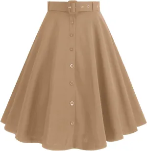 Vintage Midi Skirts for Women Solid Color High Waist Button Front Knee Length A-Line Skirt