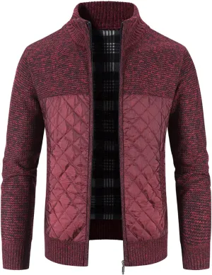 Winter Jacket for Men Casual Long Sleeve Patchwork Quilted Fleece Jackets Stand Collar Warm Chunky Knitted Cardigan