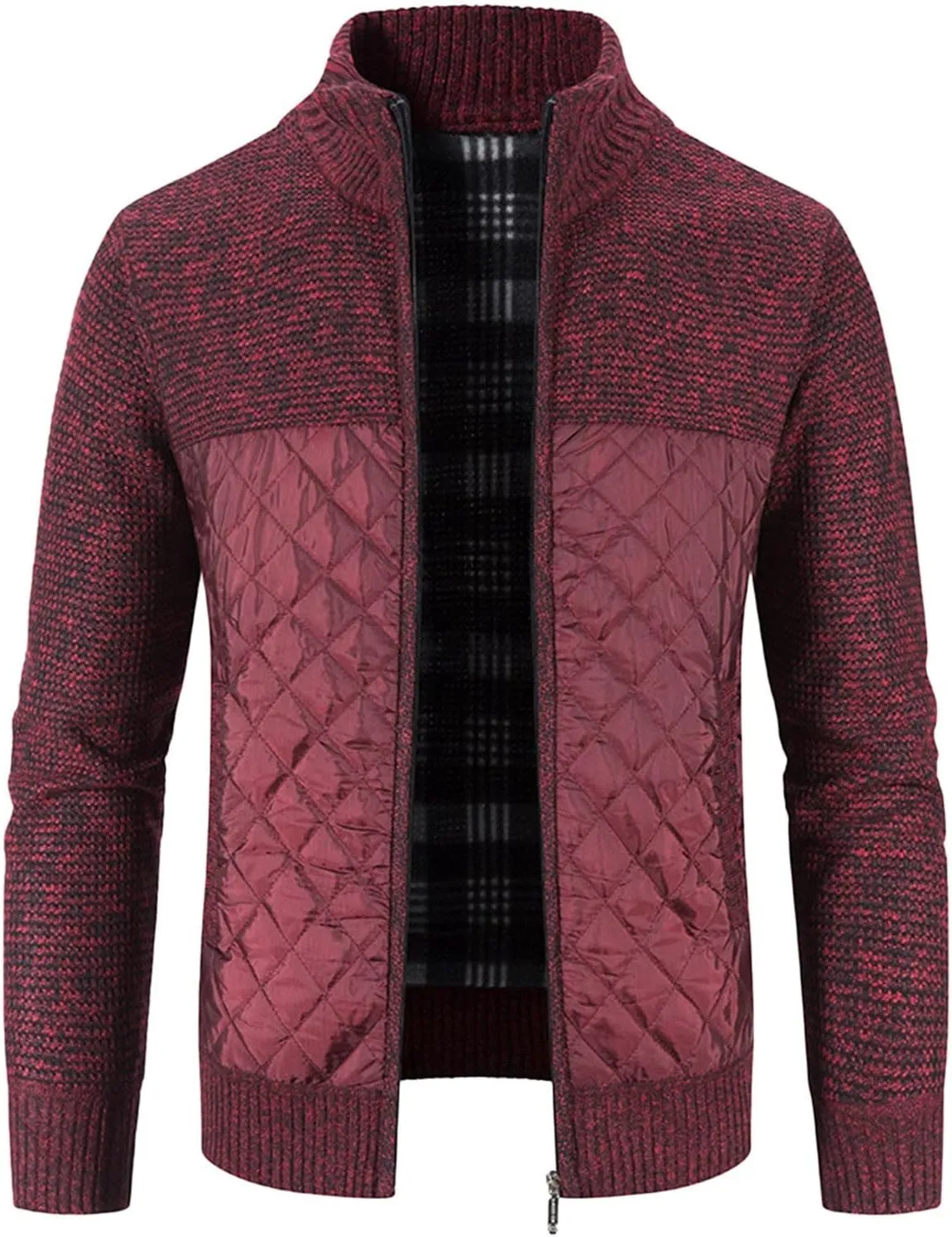 Winter Jacket for Men Casual Long Sleeve Patchwork Quilted Fleece Jackets Stand Collar Warm Chunky Knitted Cardigan