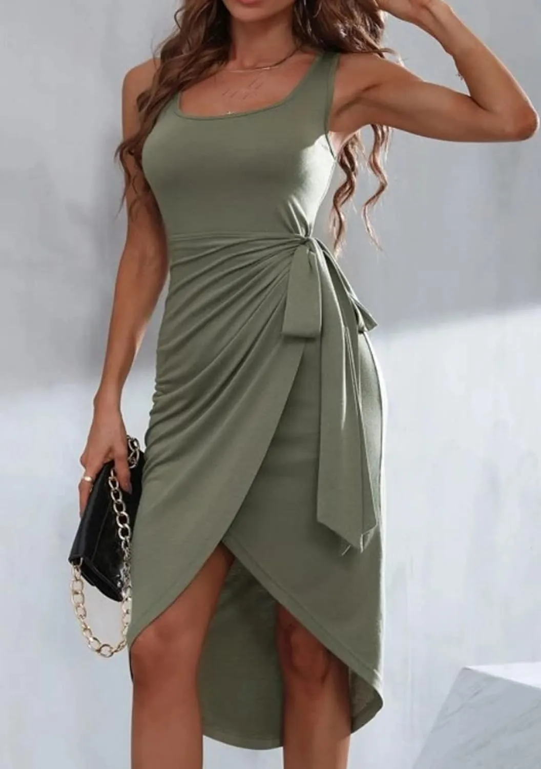 WIWIQS Women's Summer Sleeveless Solid Split Front Bodycon Tank Dress with Belt